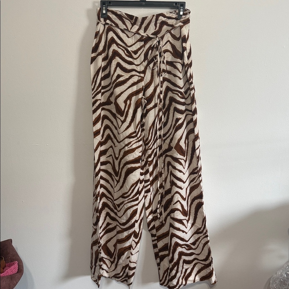 Zara Wide Leg Tie Waist Brown Zebra Print Pants - Picture 2 of 8